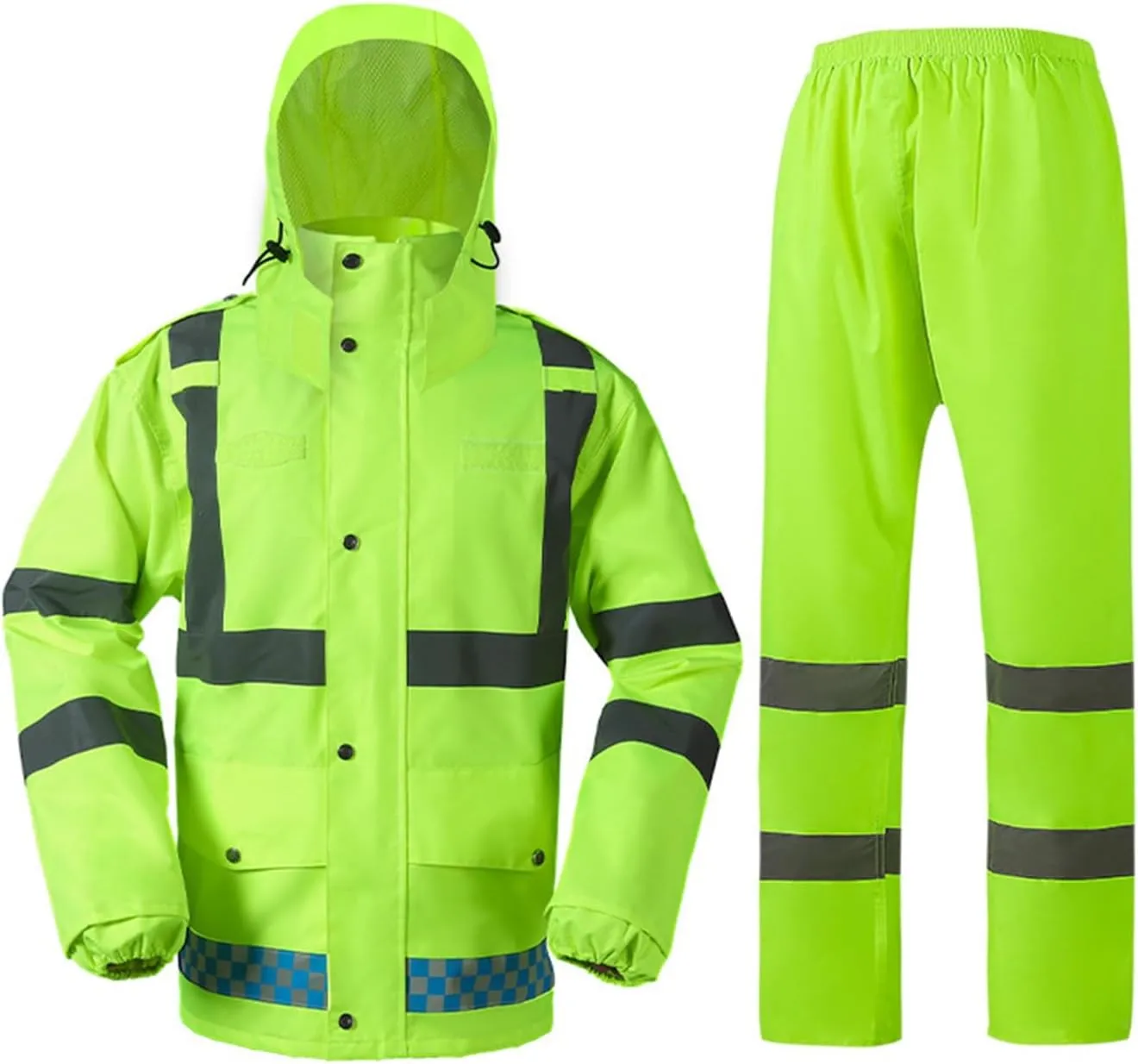 2pcs Safety Rainsuit for Men, Waterproof Reflective Rain Jacket Gear Pants, Rain Suit with Hood, Safety Worker Rain Gear