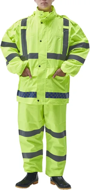 2pcs Safety Rainsuit for Men, Waterproof Reflective Rain Jacket Gear Pants, Rain Suit with Hood, Safety Worker Rain Gear