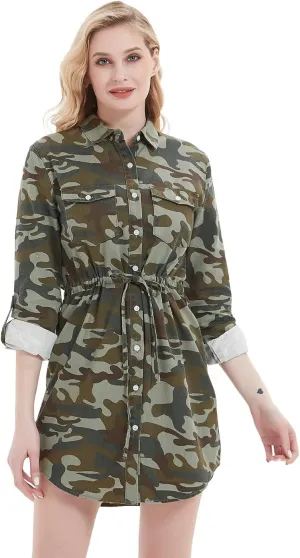 Anna-Kaci Women's Jean Shirt Dress Long Sleeves Waist Ties Casual Short Chambray Denim