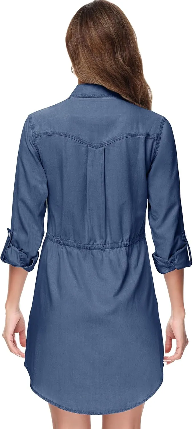 Anna-Kaci Women's Jean Shirt Dress Long Sleeves Waist Ties Casual Short Chambray Denim