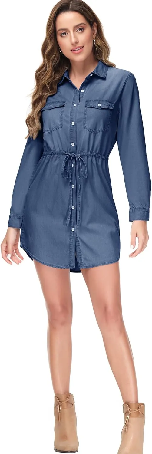 Anna-Kaci Women's Jean Shirt Dress Long Sleeves Waist Ties Casual Short Chambray Denim