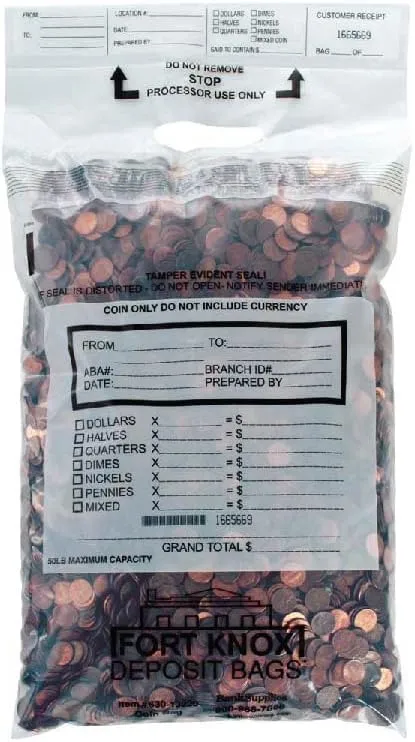 BankSupplies Poly Coin Bags | 13W x 22H | Tamper Evident Seal | Single Handled | Holds up to 50 lbs. of Coin | Sequential Numbering & Tear Off Receipt