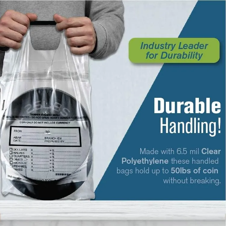 BankSupplies Poly Coin Bags | 13W x 22H | Tamper Evident Seal | Single Handled | Holds up to 50 lbs. of Coin | Sequential Numbering & Tear Off Receipt