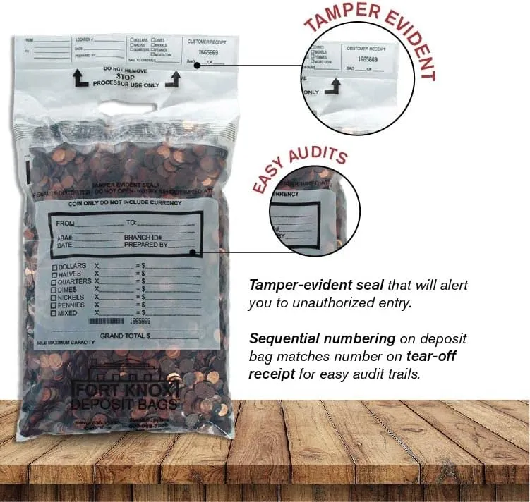 BankSupplies Poly Coin Bags | 13W x 22H | Tamper Evident Seal | Single Handled | Holds up to 50 lbs. of Coin | Sequential Numbering & Tear Off Receipt