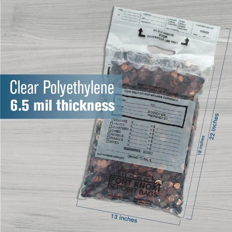 BankSupplies Poly Coin Bags | 13W x 22H | Tamper Evident Seal | Single Handled | Holds up to 50 lbs. of Coin | Sequential Numbering & Tear Off Receipt