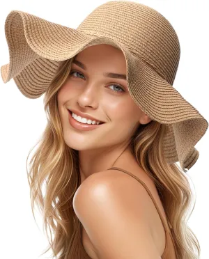 Beach Hats for Women - Wide Brim Sun Hats for Women, Foldable Straw Womens Sun Hat with Strap, Womens Floppy Sun Hat UPF50