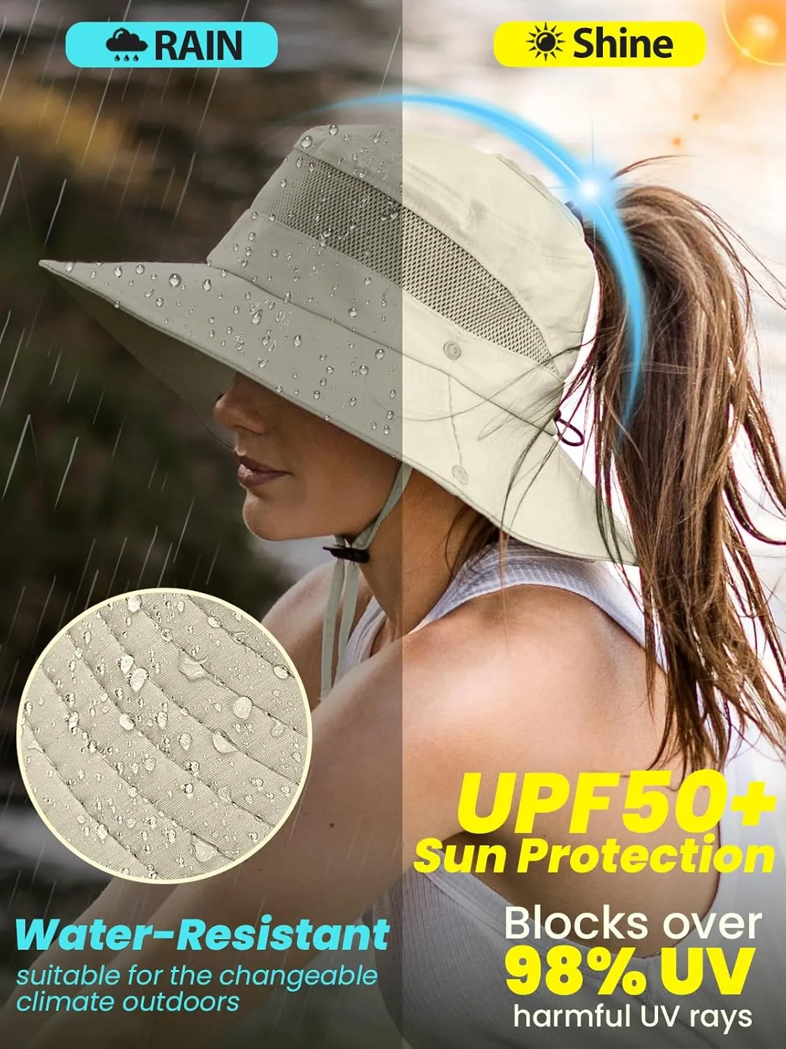 Beach Sun Hats for Women UV Protection High Ponytail Hole UPF 50  Fishing Safari Garden Hiking Hat Packable