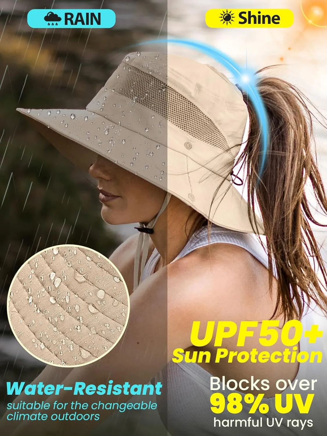 Beach Sun Hats for Women UV Protection High Ponytail Hole UPF 50  Fishing Safari Garden Hiking Hat Packable