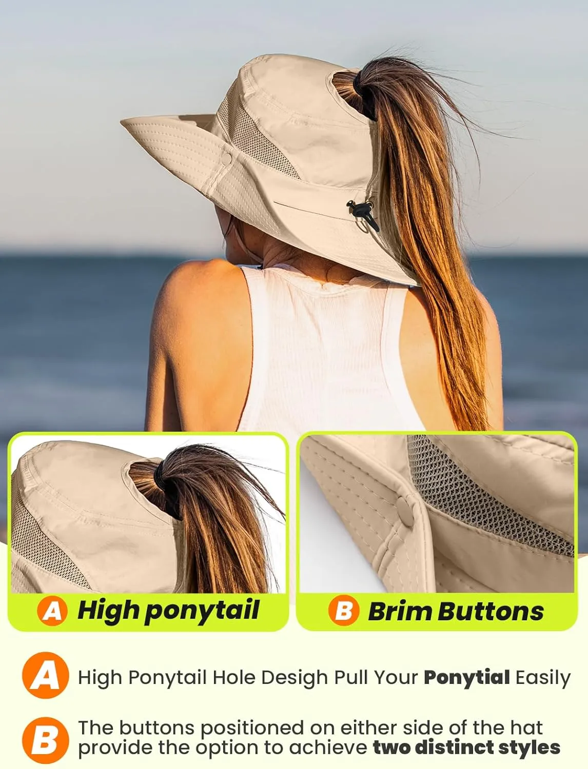 Beach Sun Hats for Women UV Protection High Ponytail Hole UPF 50  Fishing Safari Garden Hiking Hat Packable