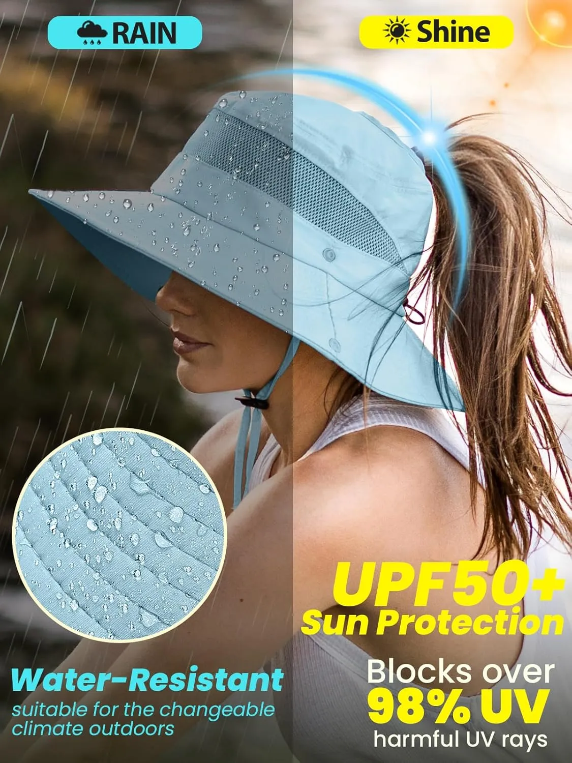 Beach Sun Hats for Women UV Protection High Ponytail Hole UPF 50  Fishing Safari Garden Hiking Hat Packable