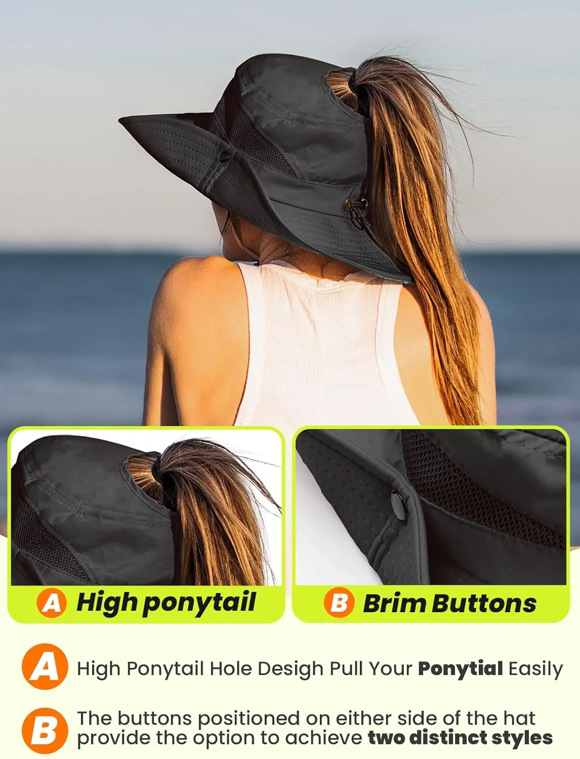 Beach Sun Hats for Women UV Protection High Ponytail Hole UPF 50  Fishing Safari Garden Hiking Hat Packable