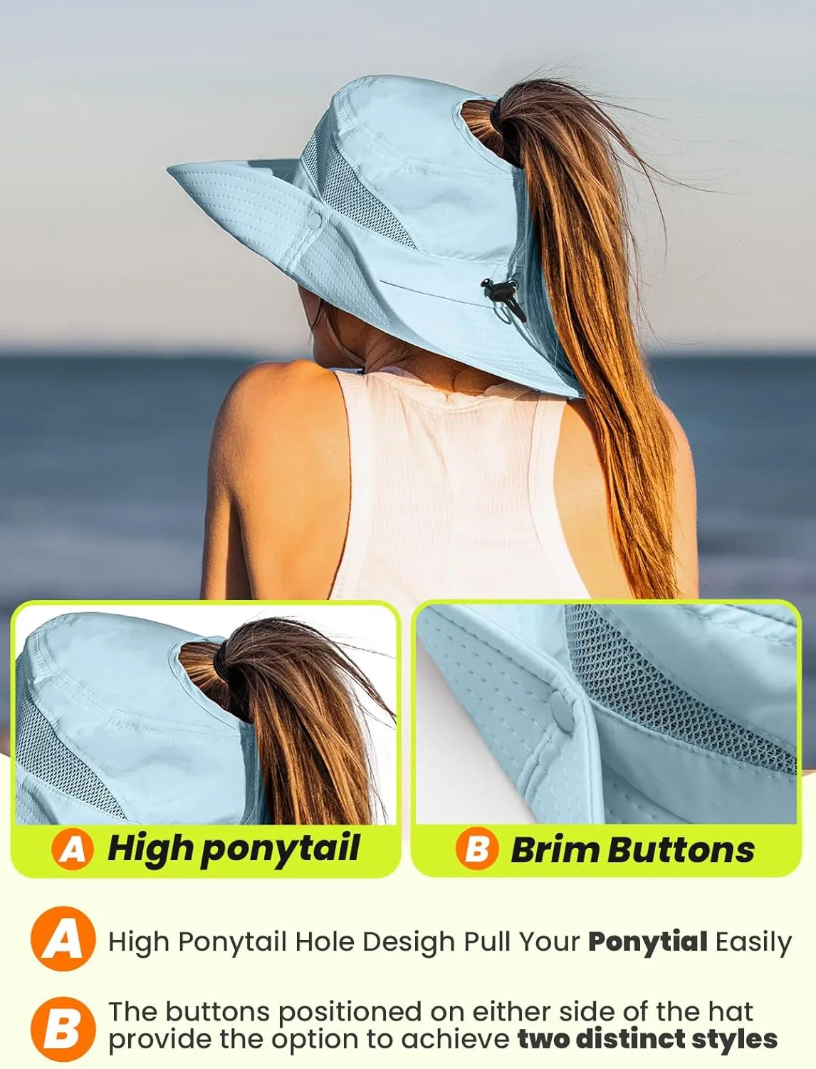 Beach Sun Hats for Women UV Protection High Ponytail Hole UPF 50  Fishing Safari Garden Hiking Hat Packable