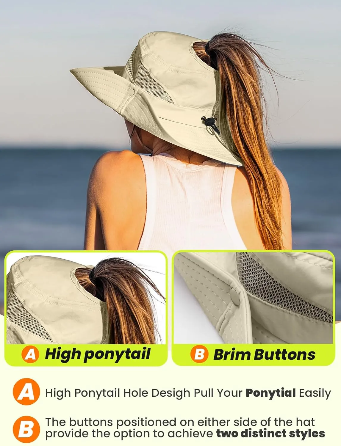 Beach Sun Hats for Women UV Protection High Ponytail Hole UPF 50  Fishing Safari Garden Hiking Hat Packable