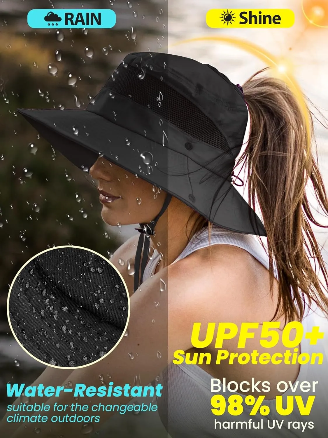 Beach Sun Hats for Women UV Protection High Ponytail Hole UPF 50  Fishing Safari Garden Hiking Hat Packable