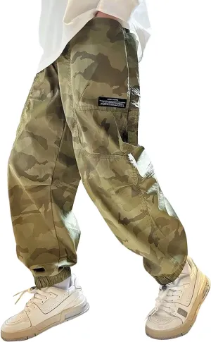 BINPAW Boys Camo Cargo Pants Youth Kids Elastic Waist Casual Jogging Trousers with Pockets 5-14 Years