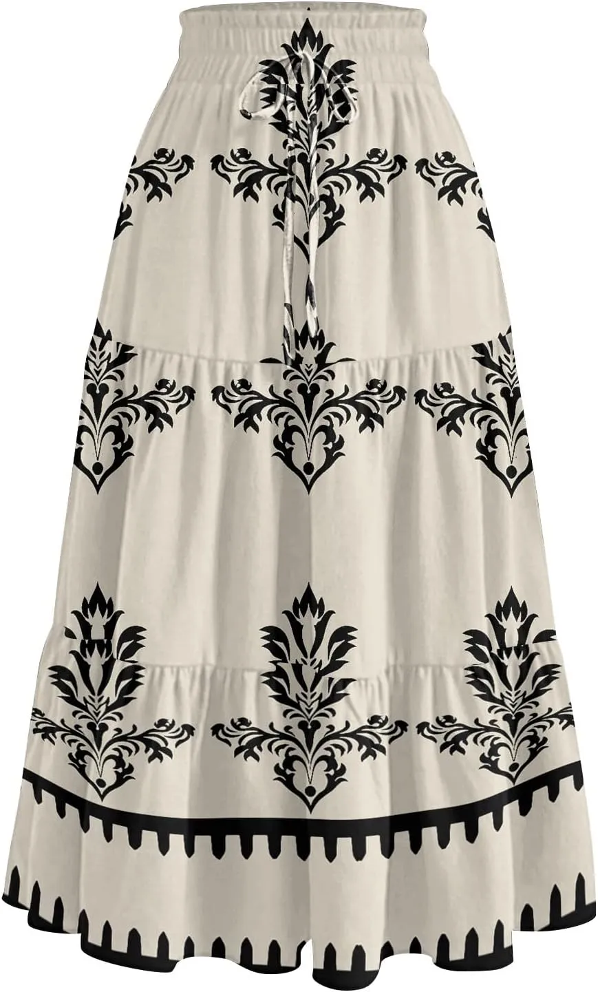 Boho Dresses for Women 2025 Loose Casual Trendy Floral Print Elastic Waist Lightweight Hawaiian Maxi Skirts, S-2XL