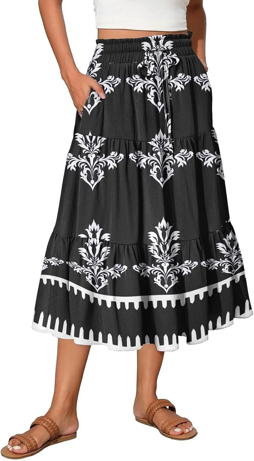 Boho Dresses for Women 2025 Loose Casual Trendy Floral Print Elastic Waist Lightweight Hawaiian Maxi Skirts, S-2XL