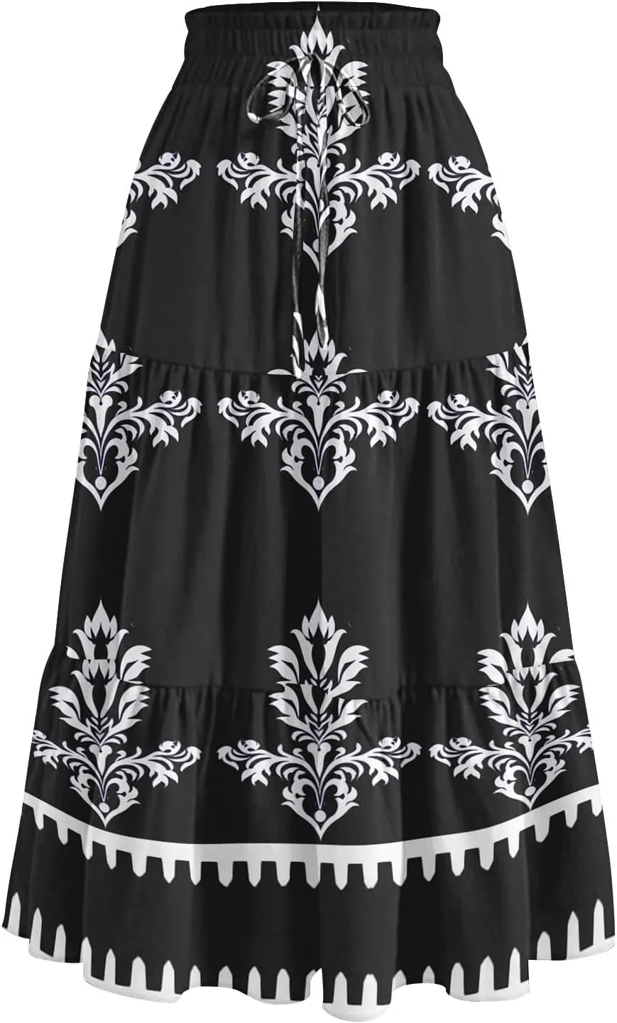 Boho Dresses for Women 2025 Loose Casual Trendy Floral Print Elastic Waist Lightweight Hawaiian Maxi Skirts, S-2XL