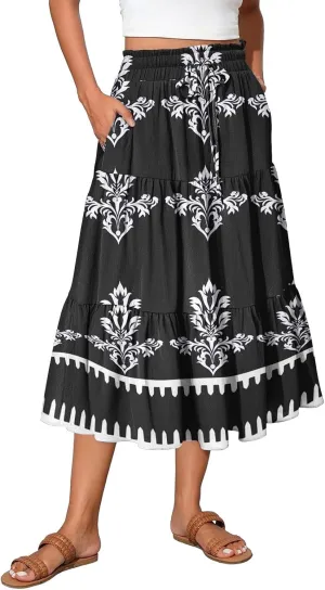 Boho Dresses for Women 2025 Loose Casual Trendy Floral Print Elastic Waist Lightweight Hawaiian Maxi Skirts, S-2XL