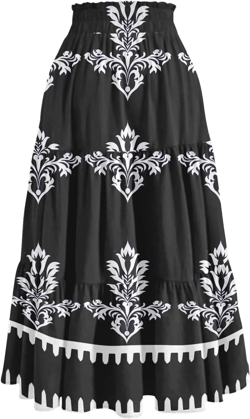 Boho Dresses for Women 2025 Loose Casual Trendy Floral Print Elastic Waist Lightweight Hawaiian Maxi Skirts, S-2XL