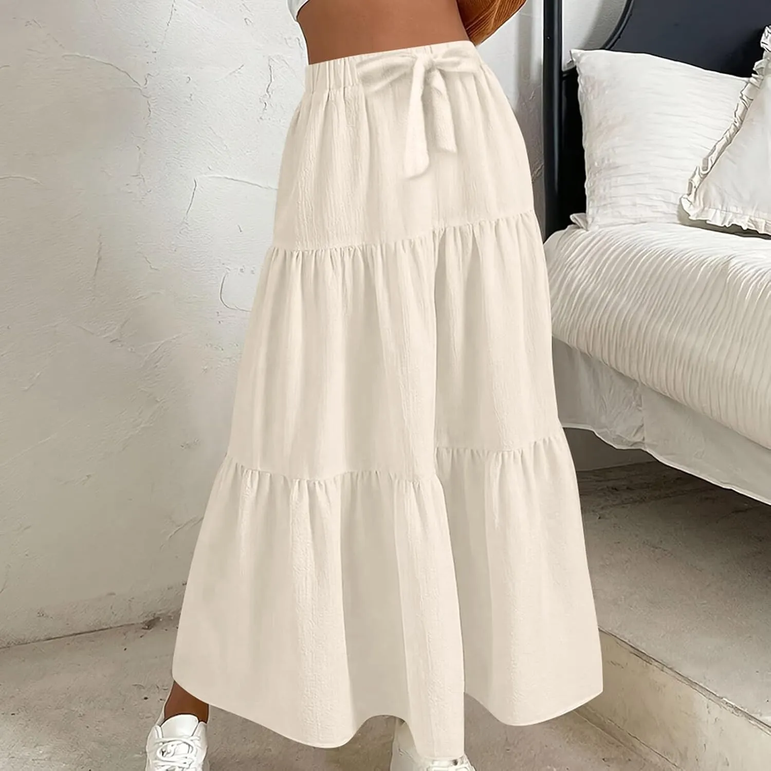 Boho Skirts Women Maxi Flowy Summer Skirts Tie Front High Waisted Tiered Long Skirts for Beach Vacation Cruise Wear