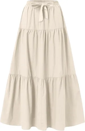 Boho Skirts Women Maxi Flowy Summer Skirts Tie Front High Waisted Tiered Long Skirts for Beach Vacation Cruise Wear