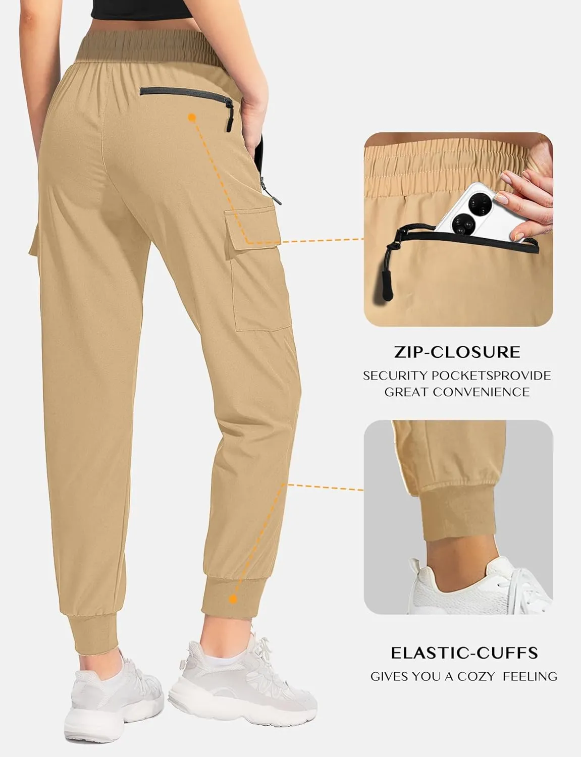 Buauty Women's Hiking Pants - Lightweight Quick Dry Cargo Joggers with Pockets, Elastic Waist for Outdoor and Travel