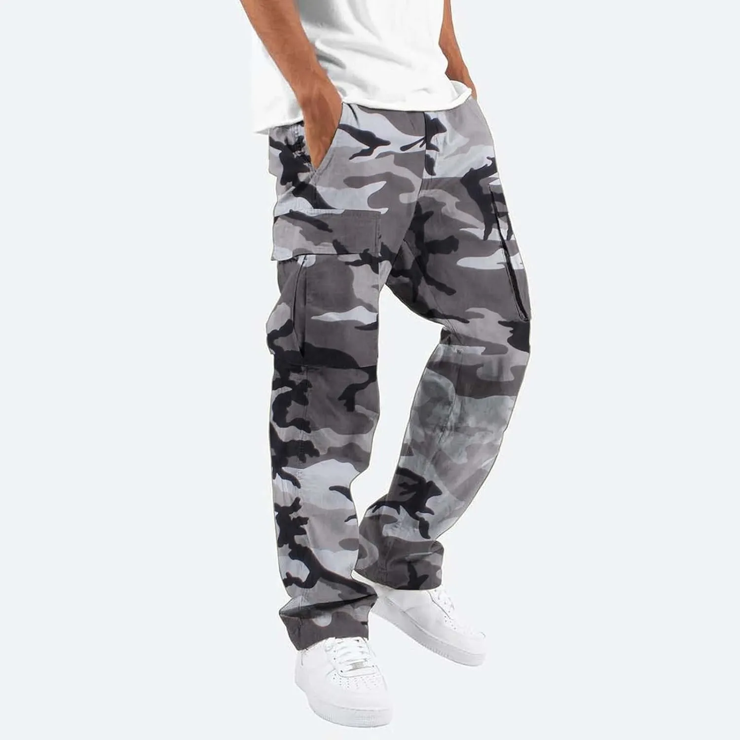 Camo Pants for Men Casual Camouflage Print Cargo Pants Stretch Elastic Waist Tapered Climbing Trousers with Pockets