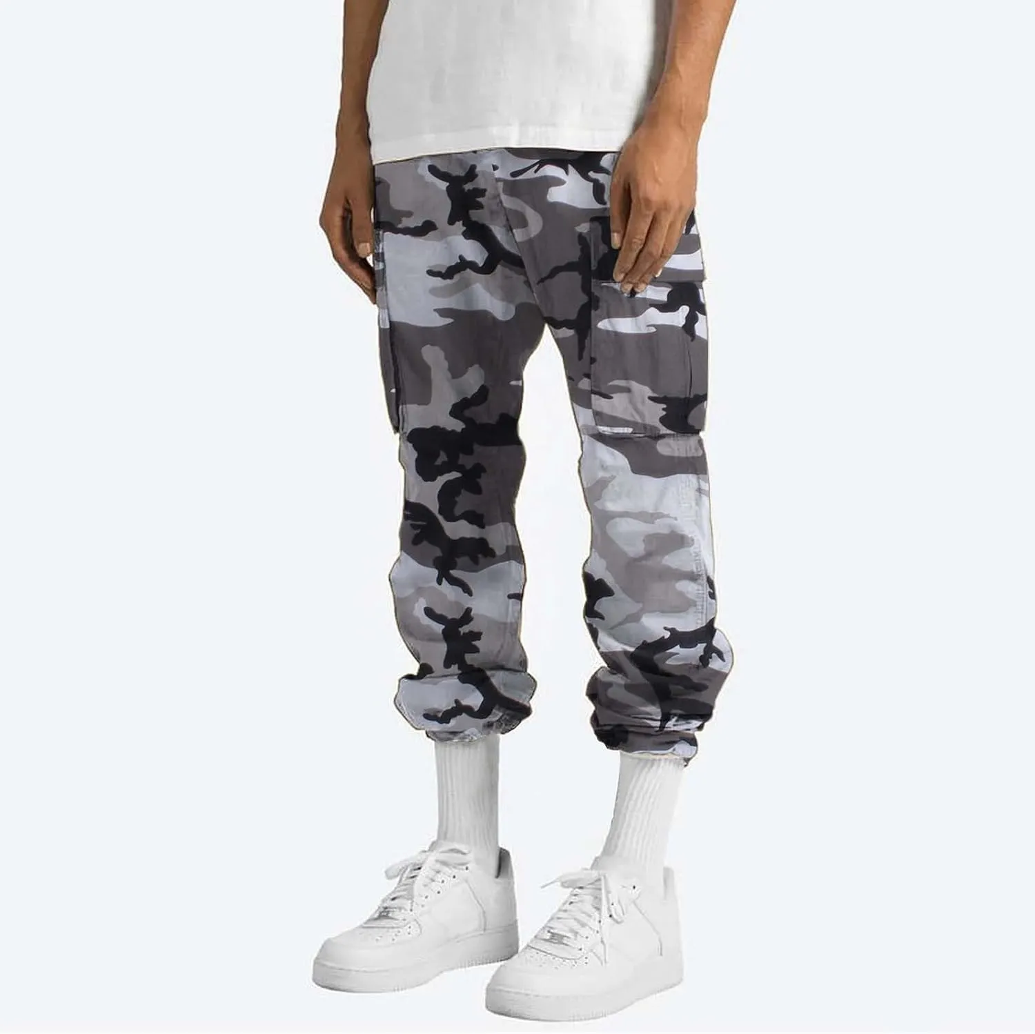 Camo Pants for Men Casual Camouflage Print Cargo Pants Stretch Elastic Waist Tapered Climbing Trousers with Pockets