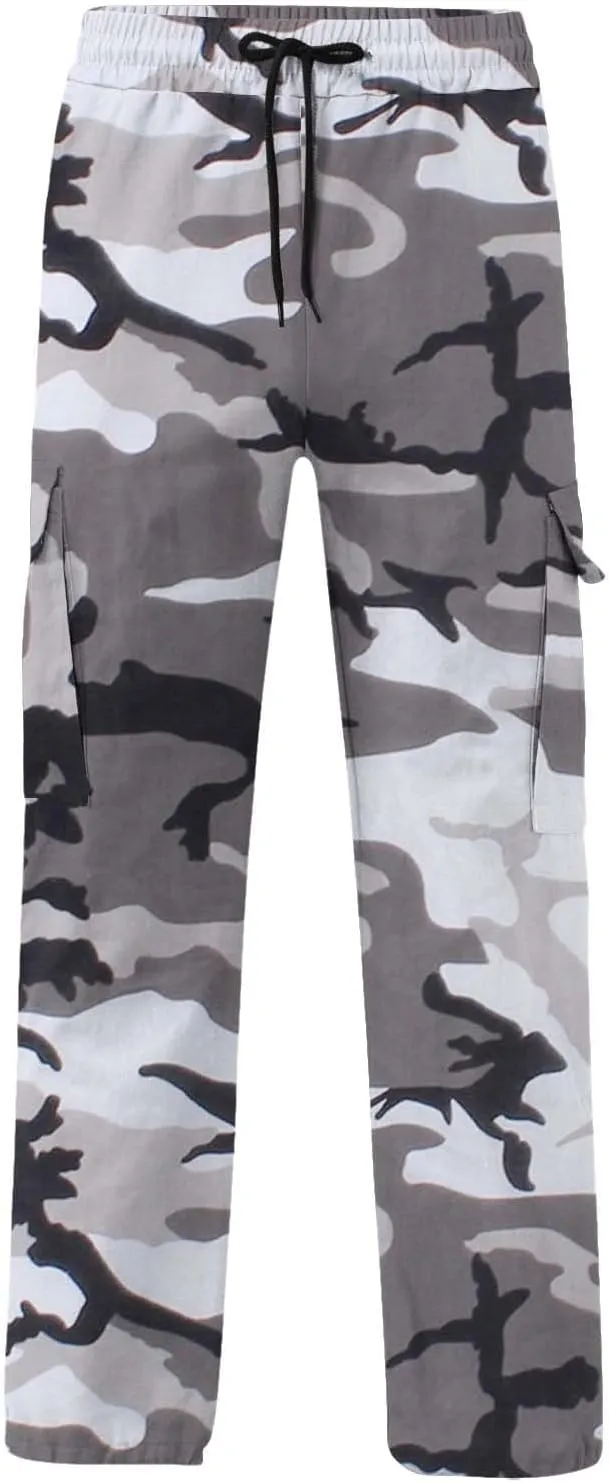 Camo Pants for Men Casual Camouflage Print Cargo Pants Stretch Elastic Waist Tapered Climbing Trousers with Pockets