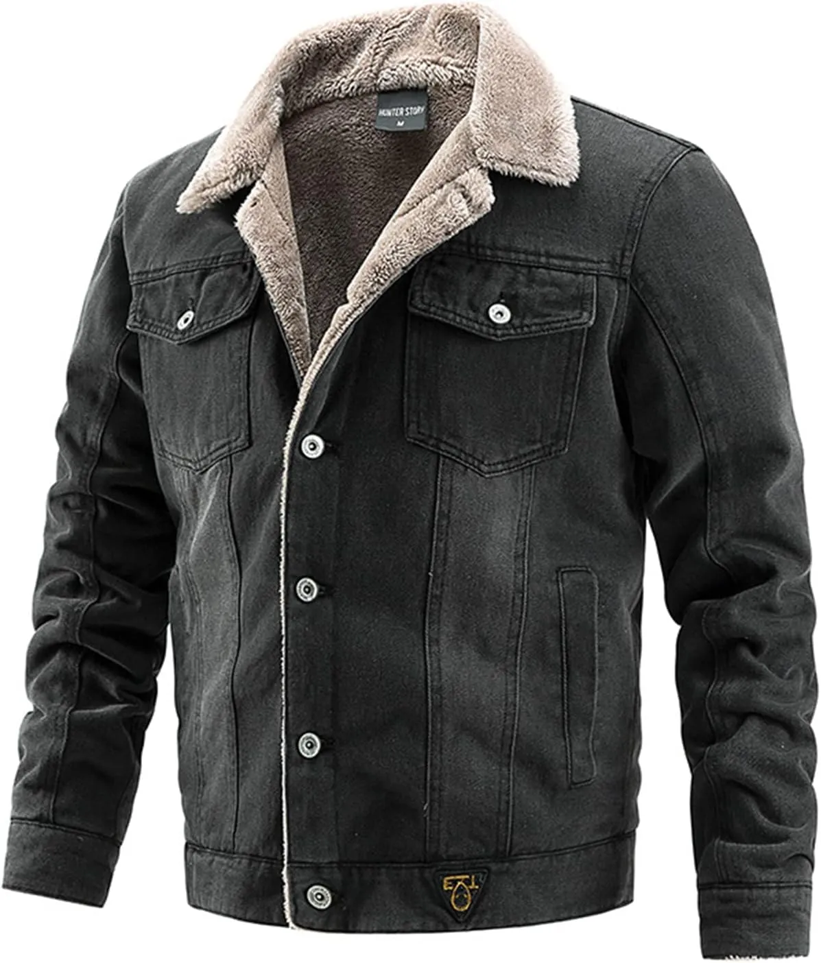 Canbebig Men's Lapel Sherpa Fleece Lined Denim Jacket Thicken Warm Coats Casual Button Down Trucker Jackets Coat Outerwear