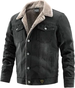 Canbebig Men's Lapel Sherpa Fleece Lined Denim Jacket Thicken Warm Coats Casual Button Down Trucker Jackets Coat Outerwear