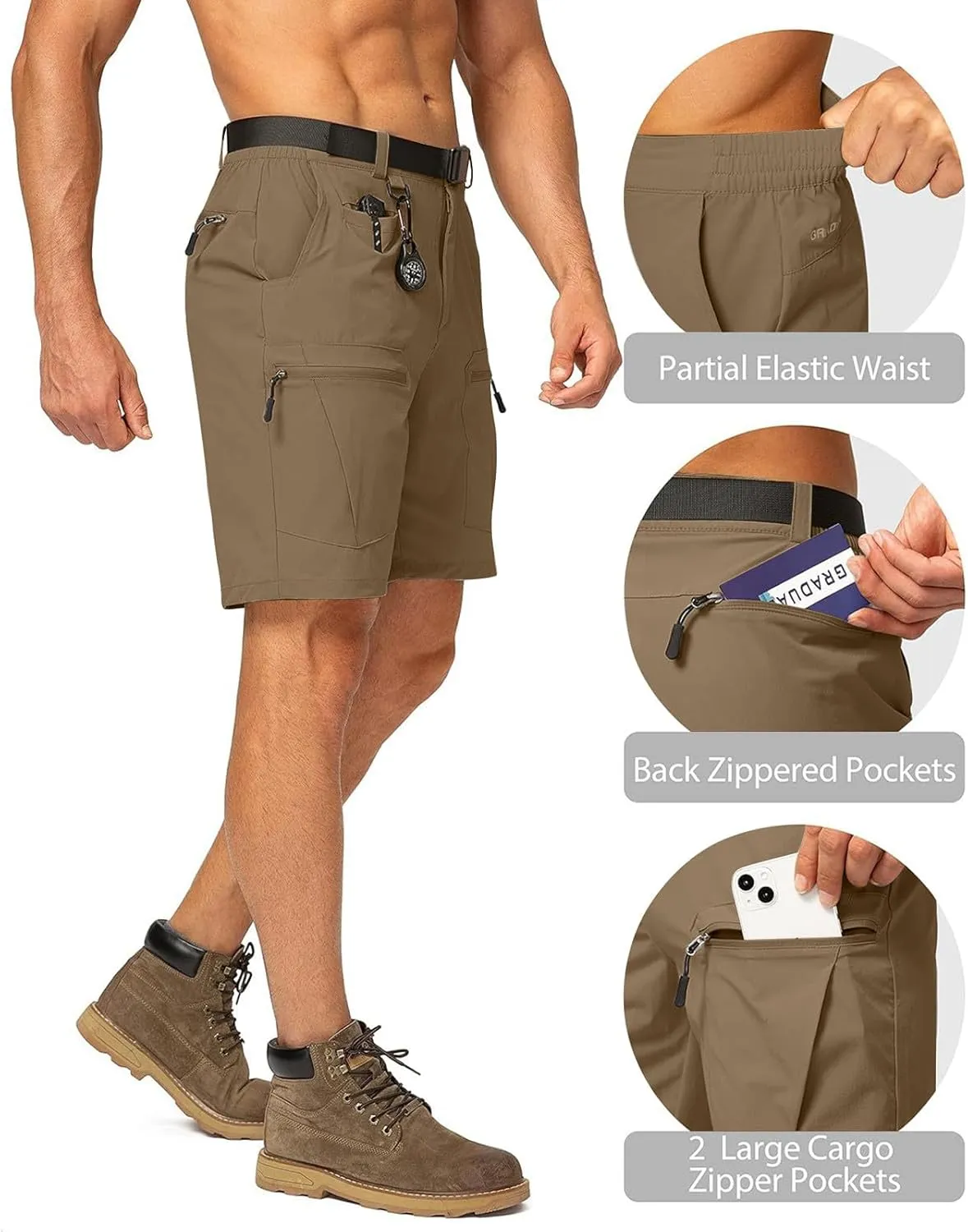 Cargo Shorts for Men Stretchy Elastic Waist Relaxed Fit Shorts Lightweight Multi Pocket Outdoor Hiking Short Pants