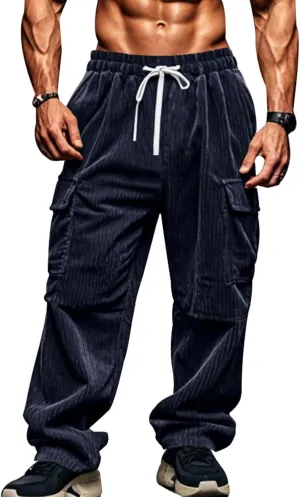 Casual Corduroy Pants for Men Drawstring Stretch Cargo Sweatpants Relaxed Fit Wide Leg Trousers with Multiple Pockets