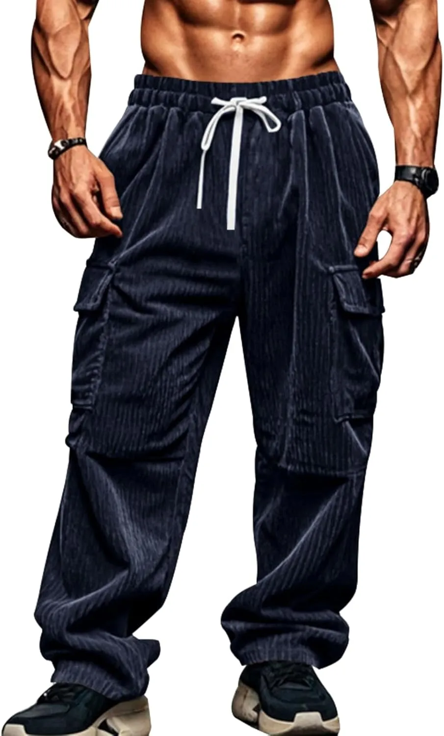 Casual Corduroy Pants for Men Drawstring Stretch Cargo Sweatpants Relaxed Fit Wide Leg Trousers with Multiple Pockets
