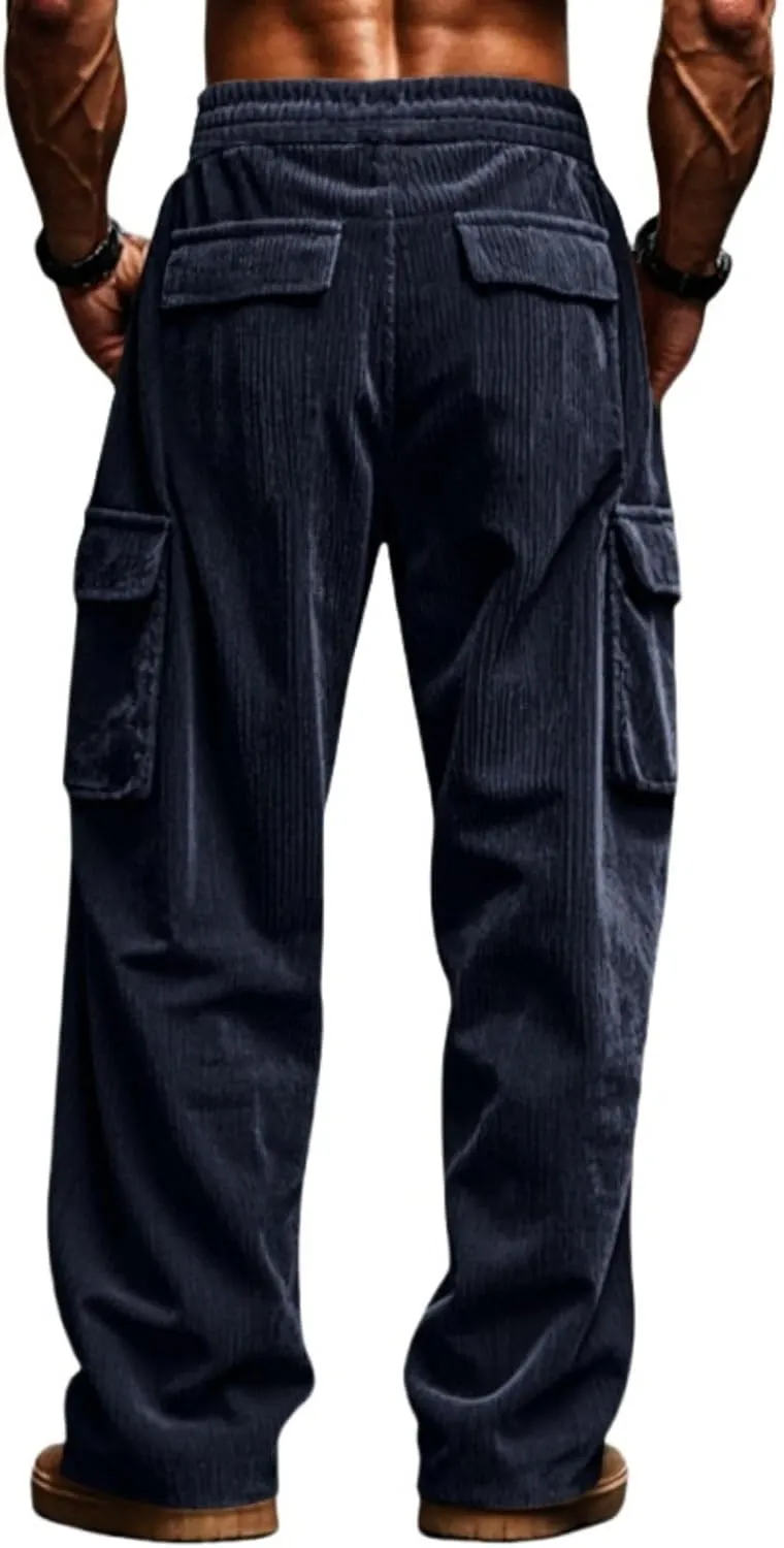 Casual Corduroy Pants for Men Drawstring Stretch Cargo Sweatpants Relaxed Fit Wide Leg Trousers with Multiple Pockets
