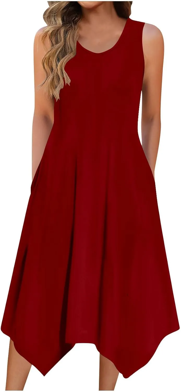 Casual Sundresses for Women 2025 Summer Beach Loose Flowy Tank Dress Sleeveless Flare Midi Dresses Resort Wear