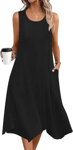 Casual Sundresses for Women 2025 Summer Beach Loose Flowy Tank Dress Sleeveless Flare Midi Dresses Resort Wear