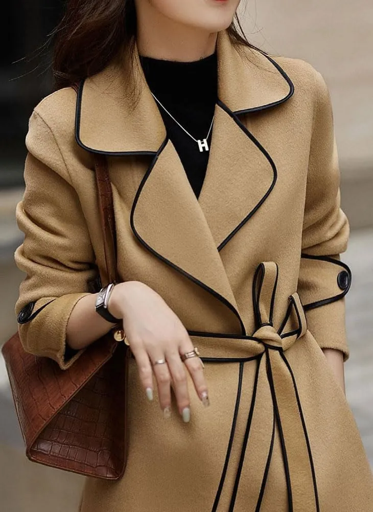 chouyatou Women's Winter Elegant Lapel Open Front Wool Coat Wool Blend Trench Pea Coat with Belt