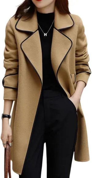 chouyatou Women's Winter Elegant Lapel Open Front Wool Coat Wool Blend Trench Pea Coat with Belt