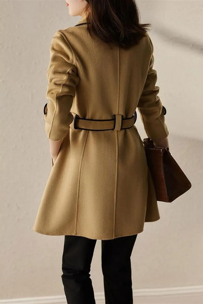 chouyatou Women's Winter Elegant Lapel Open Front Wool Coat Wool Blend Trench Pea Coat with Belt