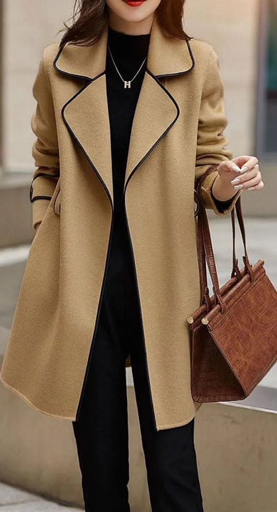 chouyatou Women's Winter Elegant Lapel Open Front Wool Coat Wool Blend Trench Pea Coat with Belt