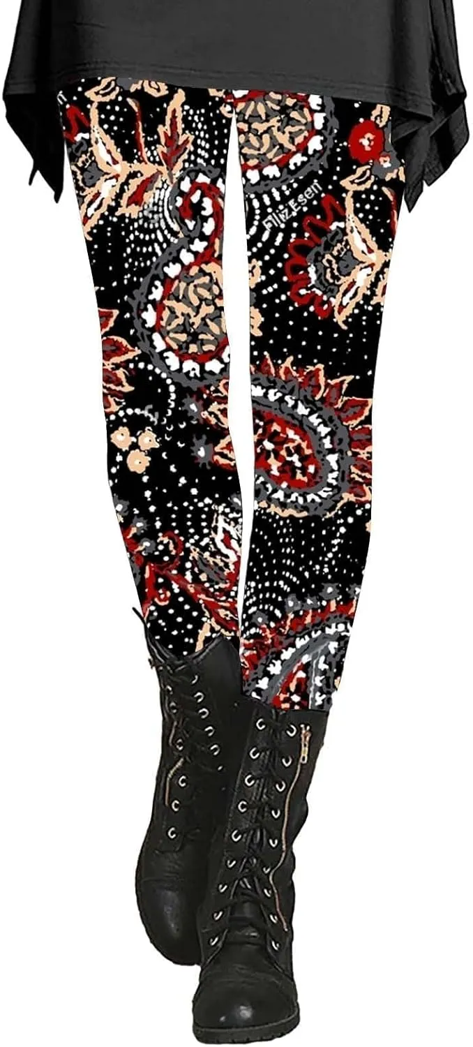Cotton Patterned Leggings for Women Animal Print Flare Yoga Pants Stretch Pants with Pockets for Women
