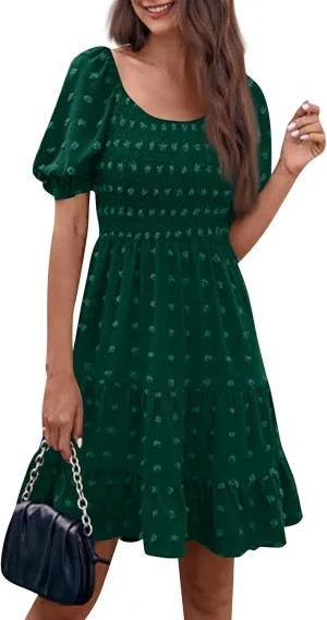 Dresses for Women 2025 Summer Beach Vacation Clothes Spring Short Sleeve U Collar Casual Sundresses