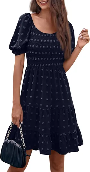 Dresses for Women 2025 Summer Beach Vacation Clothes Spring Short Sleeve U Collar Casual Sundresses