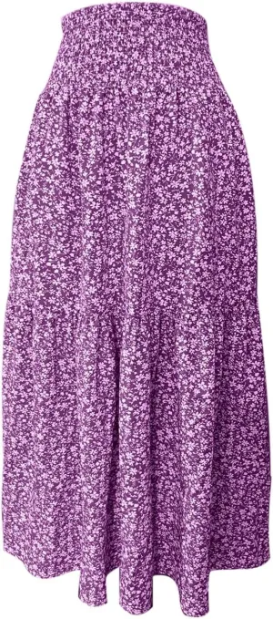 Floral Maxi Skirt for Women Boho A-Line Flowy Swing Long Skirts Elastic High Waisted Comfy Summer Vacation Skirts