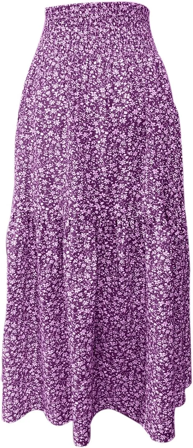 Floral Maxi Skirt for Women Boho A-Line Flowy Swing Long Skirts Elastic High Waisted Comfy Summer Vacation Skirts