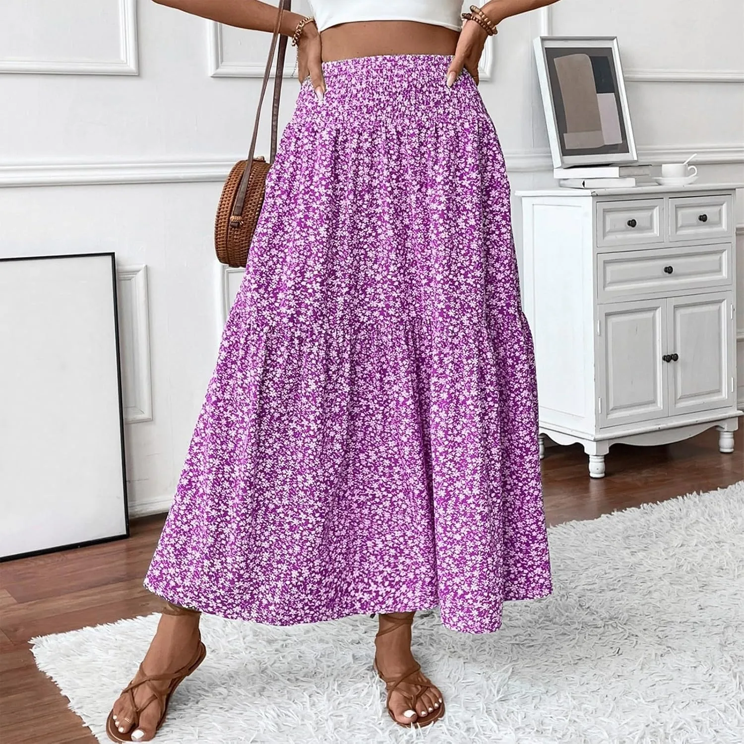 Floral Maxi Skirt for Women Boho A-Line Flowy Swing Long Skirts Elastic High Waisted Comfy Summer Vacation Skirts