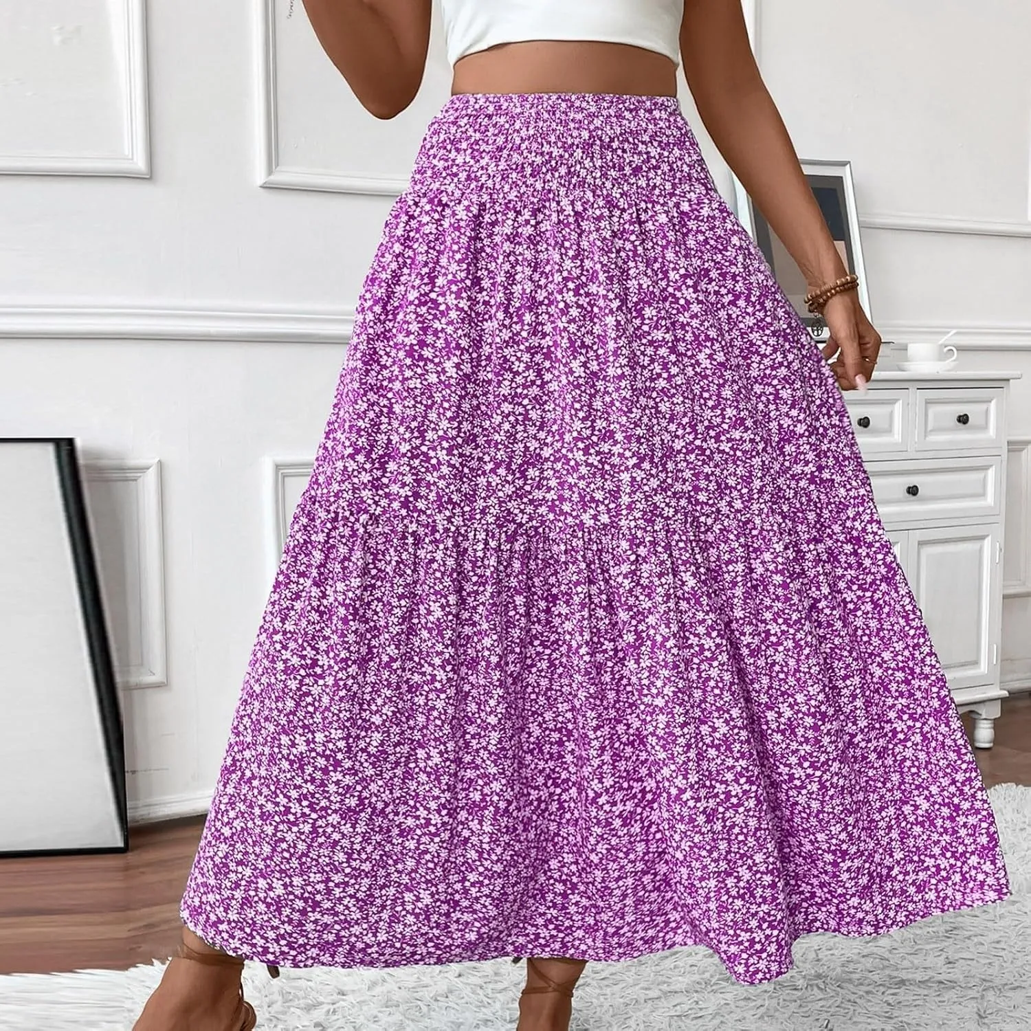 Floral Maxi Skirt for Women Boho A-Line Flowy Swing Long Skirts Elastic High Waisted Comfy Summer Vacation Skirts