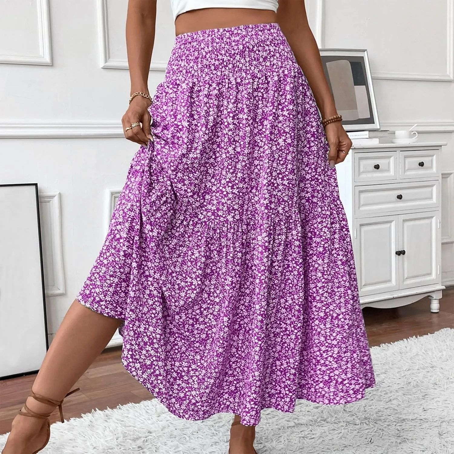Floral Maxi Skirt for Women Boho A-Line Flowy Swing Long Skirts Elastic High Waisted Comfy Summer Vacation Skirts